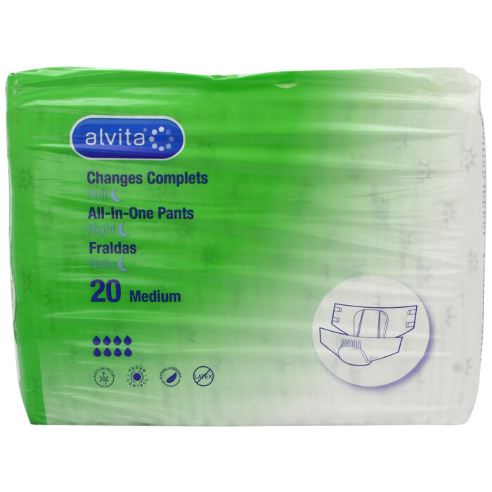 Alvita Incontinence Adult Nappies Night Wear Medium Size - 20 Pack | Clear Chemist